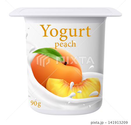 Yogurt package design. Dairy product. Sweet peach-flavored yogurt. Closed jar for fermented milk food. Healthy snack. Cream dessert container mockup. 3D pot with foil cap. Vector plastic packaging 141913209