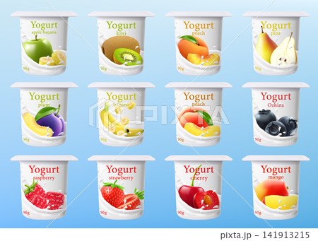 Set of fruit flavored yogurt cups isolated. Dairy dessert template, packaging design. Jar for fermented milk food. Healthy snack. Container mockup. Pot with foil cap. Realistic 3d vector illustration. Set of fruit flavored yogurt cups isolated. Dairy dessert template, packaging design. Jar for fermented milk food. Healthy snack. Container mockup. Pot with foil cap. Realistic 3d vector illustration. 141913215