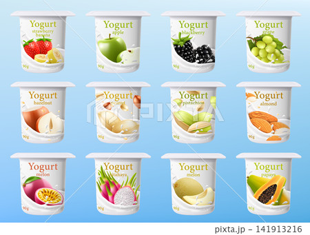 Set of fruit flavored yogurt cups isolated. Dairy dessert template, packaging design. Jar for fermented milk food. Healthy snack. Container mockup. Pot with foil cap. Realistic 3d vector illustration. 141913216