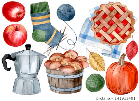 set of vintage watercolor illustration. Cozy autumn. hand drawn fall clipart 141913401