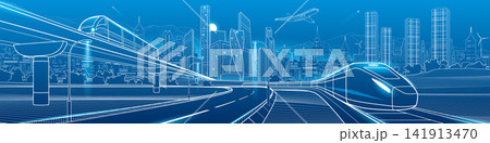 Futuristic city panorama with high speed trains, elevated railway, modern highway, airplane and skyline. Concept of smart mobility and urban transport infrastructure. Futuristic city panorama with high speed trains, elevated railway, modern highway, airplane and skyline. Concept of smart mobility and urban transport infrastructure. 141913470