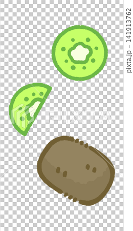 Color illustrations of kiwifruit with the skin on and cut kiwifruit. Color illustrations of kiwifruit with the skin on and cut kiwifruit. 141913762