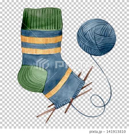 Knit sock. Watercolor knitting illustration. Vintage drawing. Knit sock. Watercolor knitting illustration. Vintage drawing. 141913810