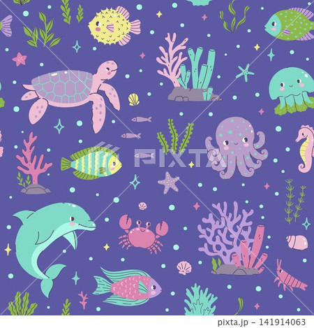 Seamless pattern with cute underwater creatures. Vector graphics. Seamless pattern with cute underwater creatures. Vector graphics. 141914063