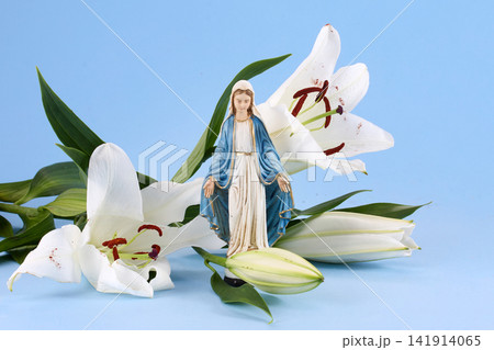 Virgin mary statue with white lilies on blue background Virgin mary statue with white lilies on blue background 141914065
