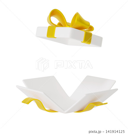Premium 3D open white gift box with golden ribbon, perfect for luxury offers, holiday sales, rewards, surprises, and festive branding Premium 3D open white gift box with golden ribbon, perfect for luxury offers, holiday sales, rewards, surprises, and festive branding 141914125