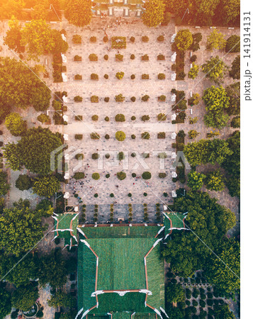 religious Lady Buddha monument at Linh Ung pagoda and buddhism temple in Danang, Asian religion and spirituality, Son Tra peninsula, Da Nang Vietnam, aerial drone view, directly above religious Lady Buddha monument at Linh Ung pagoda and buddhism temple in Danang, Asian religion and spirituality, Son Tra peninsula, Da Nang Vietnam, aerial drone view, directly above 141914131
