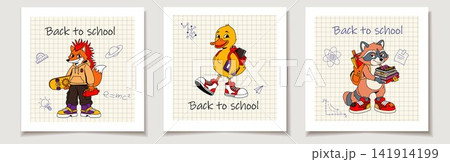 Cute Back to School Fox Duck and Raccoon Illustrations Cute Back to School Fox Duck and Raccoon Illustrations 141914199