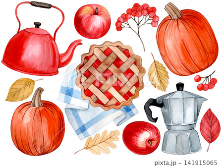 Autumn picnic. Watercolor illustration, a set of cozy autumn. 141915065