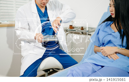 Doctor consulting female patient with AI healthcare technology, digital medical interface, smart hospital, electronic health record, diagnosis Doctor consulting female patient with AI healthcare technology, digital medical interface, smart hospital, electronic health record, diagnosis 141915081