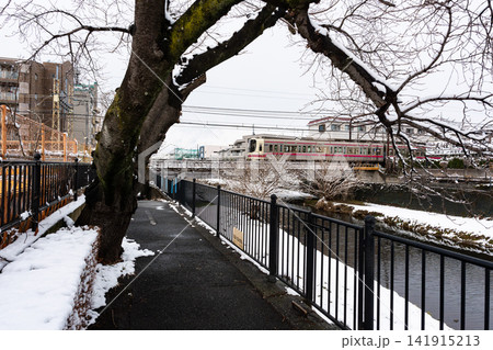 雪景色の野川と京王線の電車を眺める　柴崎駅と国領駅の間　東京都調布市菊野台 141915213