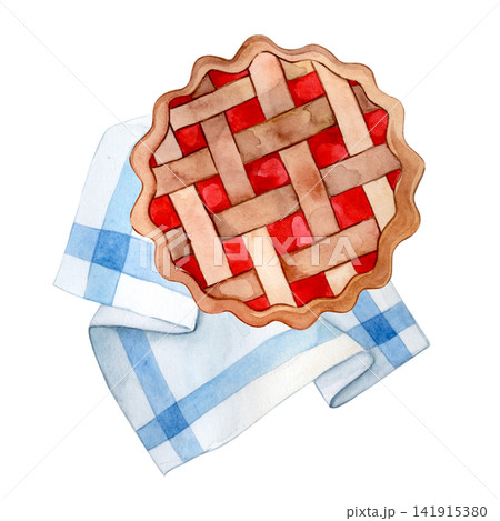 Homemade pie. Watercolor picnic illustration. Cozy autumn. Homemade pie. Watercolor picnic illustration. Cozy autumn. 141915380