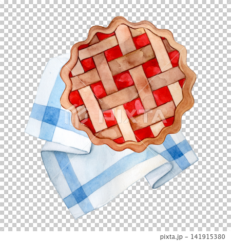 Homemade pie. Watercolor picnic illustration. Cozy autumn. Homemade pie. Watercolor picnic illustration. Cozy autumn. 141915380