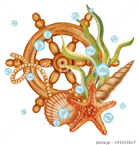 Watercolor marine composition with wooden ship wheel, orange starfish, seashells and sea plants. Bright illustrations, suitable for cheerful summer designs, textiles. Print for children's. Watercolor marine composition with wooden ship wheel, orange starfish, seashells and sea plants. Bright illustrations, suitable for cheerful summer designs, textiles. Print for children's. 141915617