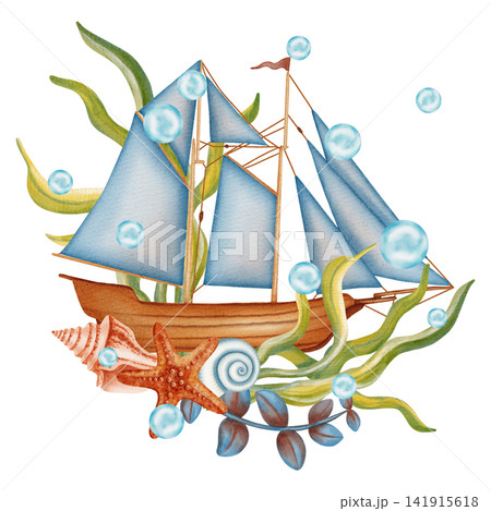 Watercolor illustration of sailing ship with red corals, seaweed, seashells and rope. Children's, nautical, travel themes. Suitable for design, prints, postcards, sea travel. Marine symbol 141915618