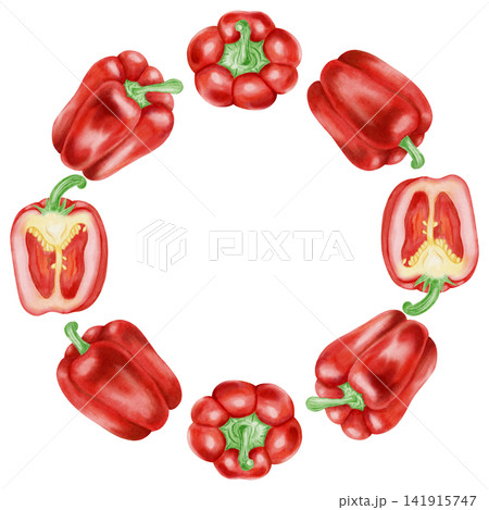 Watercolor red bell pepper wreath with whole and halved sweet peppers, green leaves. Hand drawn round frame for culinary design, menu, recipe card, kitchen decor, isolated on white background. Watercolor red bell pepper wreath with whole and halved sweet peppers, green leaves. Hand drawn round frame for culinary design, menu, recipe card, kitchen decor, isolated on white background. 141915747