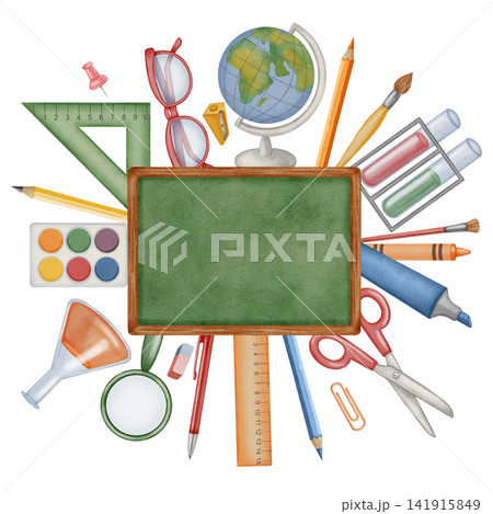 Watercolor school chalkboard background surrounded by stationery supplies, blank green board. Perfect for educational banners, fall posters, back to school promotions, children textbooks Watercolor school chalkboard background surrounded by stationery supplies, blank green board. Perfect for educational banners, fall posters, back to school promotions, children textbooks 141915849