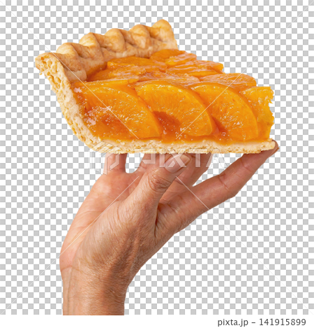 Hand holding a fresh slice of sweet peach pie isolated on a transparent background, showcasing flaky crust and juicy fruit filling for summer dessert and bakery concepts Hand holding a fresh slice of sweet peach pie isolated on a transparent background, showcasing flaky crust and juicy fruit filling for summer dessert and bakery concepts 141915899