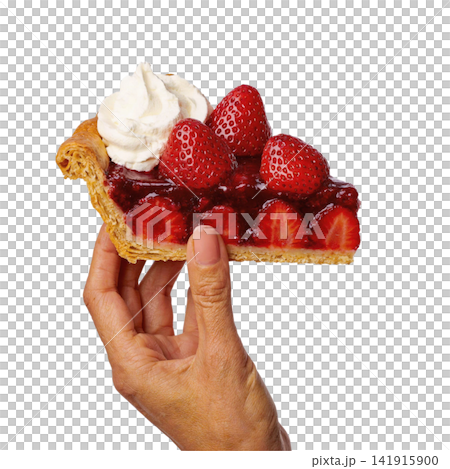 Hand holding a delicious slice of fresh strawberry pie garnished with whipped cream isolated on a clean transparent background for menu design and food advertising concepts Hand holding a delicious slice of fresh strawberry pie garnished with whipped cream isolated on a clean transparent background for menu design and food advertising concepts 141915900