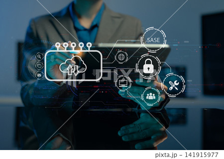 Hand touching secure access service edge icon on smartphone virtual screen background, password, network, framework and support technology in office. secure access service edge concept. Hand touching secure access service edge icon on smartphone virtual screen background, password, network, framework and support technology in office. secure access service edge concept. 141915977
