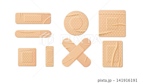 Medical crumpled glue patches different shapes 3D vector set, realistic beige wound first aid tape adhesive plasters 141916191