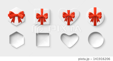 A set of white gift boxes of various shapes with red bows, closed and open, empty, and top views. 141916206