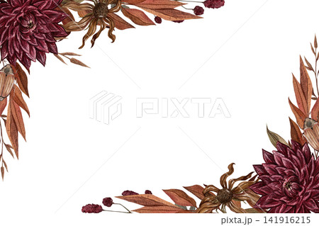 Horizontal autumn watercolor frame in vintage shades. Botanical template for a greeting card, poster, or packaging. Horizontal autumn watercolor frame in vintage shades. Botanical template for a greeting card, poster, or packaging. 141916215