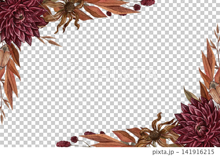 Horizontal autumn watercolor frame in vintage shades. Botanical template for a greeting card, poster, or packaging. Horizontal autumn watercolor frame in vintage shades. Botanical template for a greeting card, poster, or packaging. 141916215