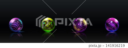 Realistic 3D glass balls with striped pattern and glares, volume crystal transparent sphere with reflection vector set 141916219