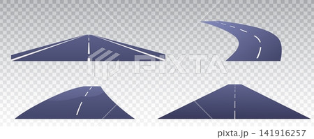 Asphalt roads curved and straight in perspective vector set, highway car, vehicle and transport trail space winding road 141916257