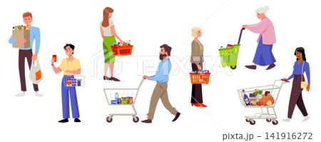 People with shopping bag, basket and cart with food vector flat illustrations set, grocery containers with purchases People with shopping bag, basket and cart with food vector flat illustrations set, grocery containers with purchases 141916272