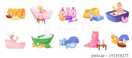 Baby take bath in bathtub, cartoon newborn care stuff for taking hygienic procedures, vector flat kid cosmetics, hygiene Baby take bath in bathtub, cartoon newborn care stuff for taking hygienic procedures, vector flat kid cosmetics, hygiene 141916275