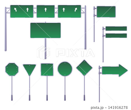 Highway traffic signs vector set, street road arrows different shapes, highway board for directions, location or notice Highway traffic signs vector set, street road arrows different shapes, highway board for directions, location or notice 141916278