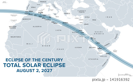 Eclipse of the Century, total solar eclipse, August 2, 2027, map. Moon fully covering the sun, with path of totality over parts of North Africa, the Middle East, and the tip of Horn of Africa. Vector 141916392