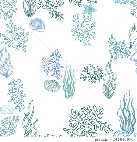 Ocean water wavy seamless pattern. Summer holiday marine background. Underwater texture. Marine bottom background with sea shells, seashell, stars. Ocean water wavy seamless pattern. Summer holiday marine background. Underwater texture. Marine bottom background with sea shells, seashell, stars. 141916970