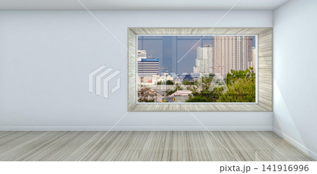 Empty Apartment with Captivating City View Background Empty Apartment with Captivating City View Background 141916996