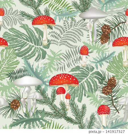 Pattern with fern leaves and mushrooms. Seamless vector seasonal textured background. Pattern with fern leaves and mushrooms. Seamless vector seasonal textured background. 141917327