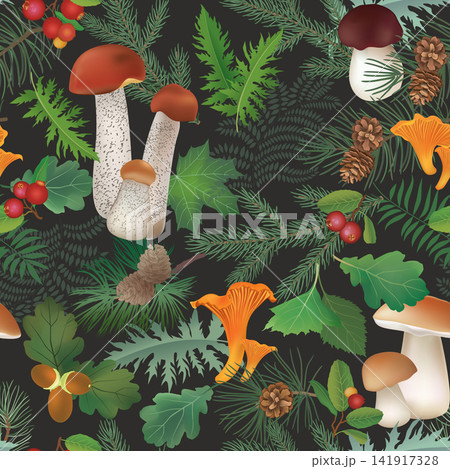 Pattern with fern leaves and mushrooms. Seamless vector seasonal textured background. 141917328