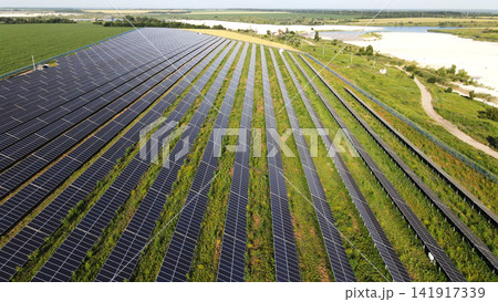 Solar farm generating clean energy with rows of photovoltaic panels on green field near lake and forest Solar farm generating clean energy with rows of photovoltaic panels on green field near lake and forest 141917339