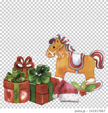 Christmas Gift and Rocking Horse Watercolor Clipart Christmas Gift and Rocking Horse Watercolor Clipart 141917667
