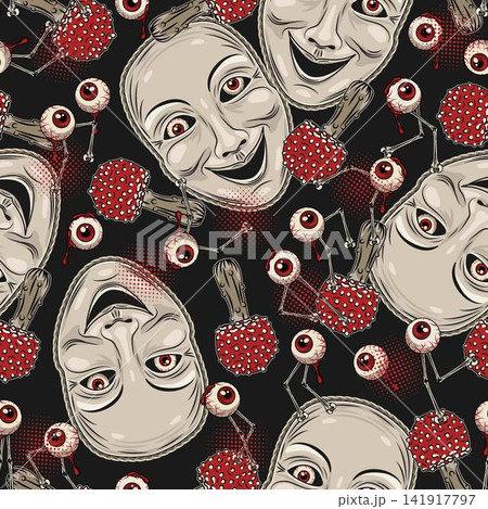 Halloween crazy pattern with mad laughing face mask, eye monsters, fly agaric mushroom, circular halftone shapes. Scattered objects on black background. Creepy illustration in vintage style Halloween crazy pattern with mad laughing face mask, eye monsters, fly agaric mushroom, circular halftone shapes. Scattered objects on black background. Creepy illustration in vintage style 141917797