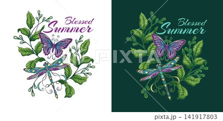 Emblem with dragonfly, butterfly, leaves 141917803