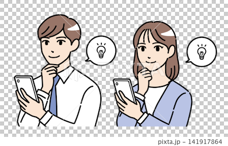 スマホを操作するスーツ姿の若い男女のイラストセット 横2 スマホを操作するスーツ姿の若い男女のイラストセット 横2 141917864