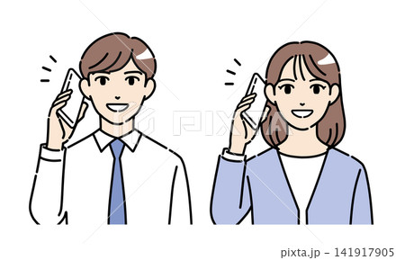 スマホで電話しているスーツ姿の若い男女のイラスト素材　正面 141917905