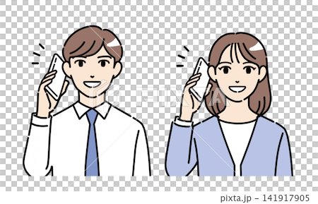 一對身穿西裝的年輕男女正在用智慧型手機通話的插畫(正面視角) 一對身穿西裝的年輕男女正在用智慧型手機通話的插畫(正面視角) 141917905