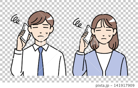 一幅插圖,描繪了一對身穿西裝的年輕男女,他們一邊用智慧型手機通話,一邊神情憂慮(正面圖)。 一幅插圖,描繪了一對身穿西裝的年輕男女,他們一邊用智慧型手機通話,一邊神情憂慮(正面圖)。 141917909