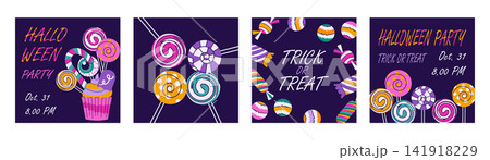 Halloween party square posters set. Trick or treat, spooky lollipops, cupcake isolated on violet background. Four banner templates, cards, invitations. Vector illustration Halloween party square posters set. Trick or treat, spooky lollipops, cupcake isolated on violet background. Four banner templates, cards, invitations. Vector illustration 141918229