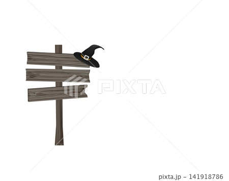 Halloween rickety wooden sign post with witch hat on white background Halloween rickety wooden sign post with witch hat on white background 141918786