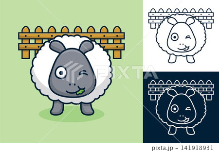 Sheep eating grass on fence background. Vector cartoon illustration in flat icon style Sheep eating grass on fence background. Vector cartoon illustration in flat icon style 141918931