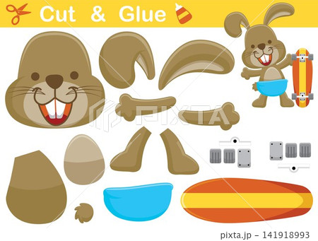 Happy rabbit with skateboard. Education paper game for children. Cutout and gluing. Vector cartoon illustration Happy rabbit with skateboard. Education paper game for children. Cutout and gluing. Vector cartoon illustration 141918993
